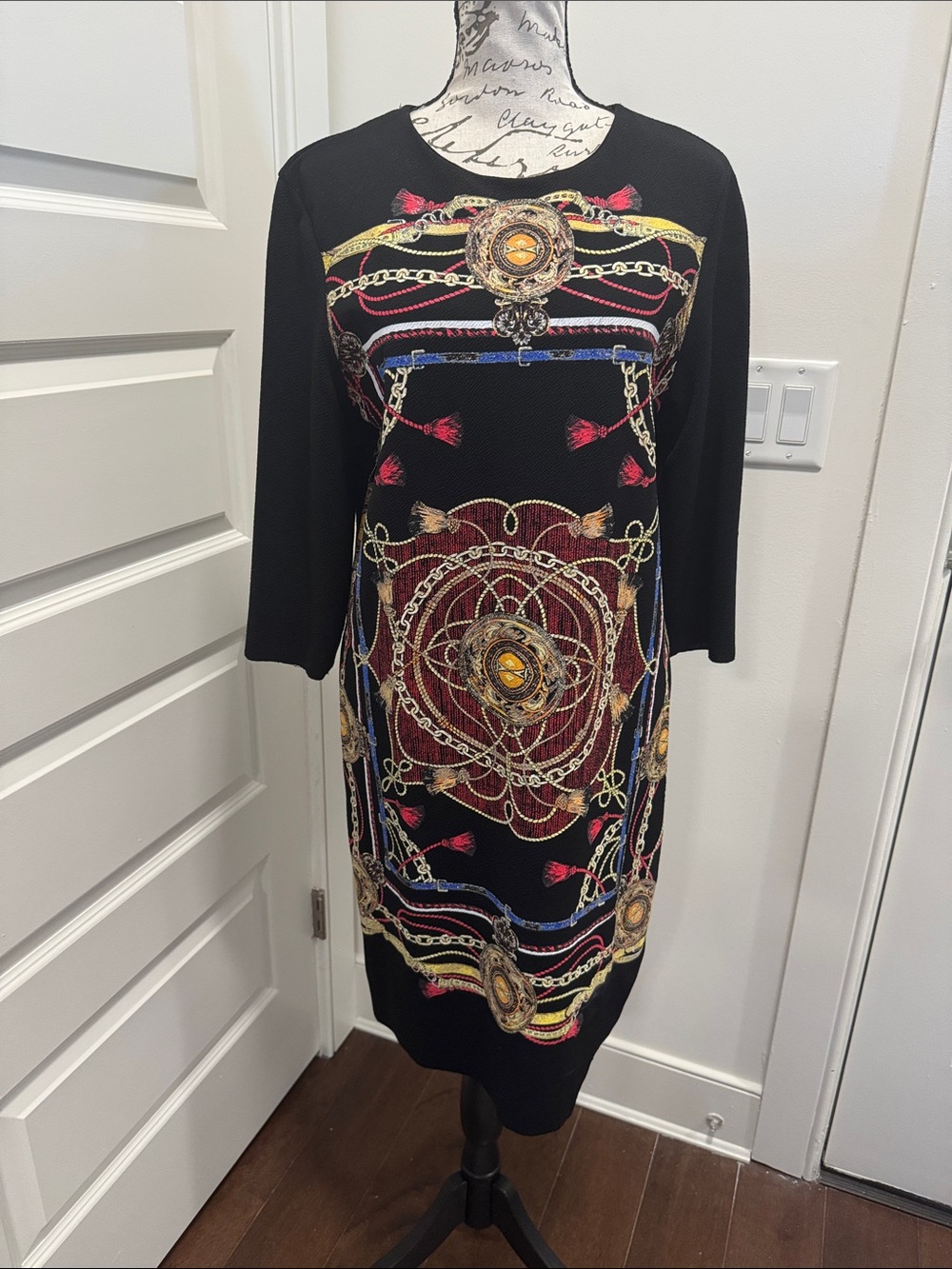Zara Black Long-Sleeve Dress with Gold, Red & Blue Chain Print